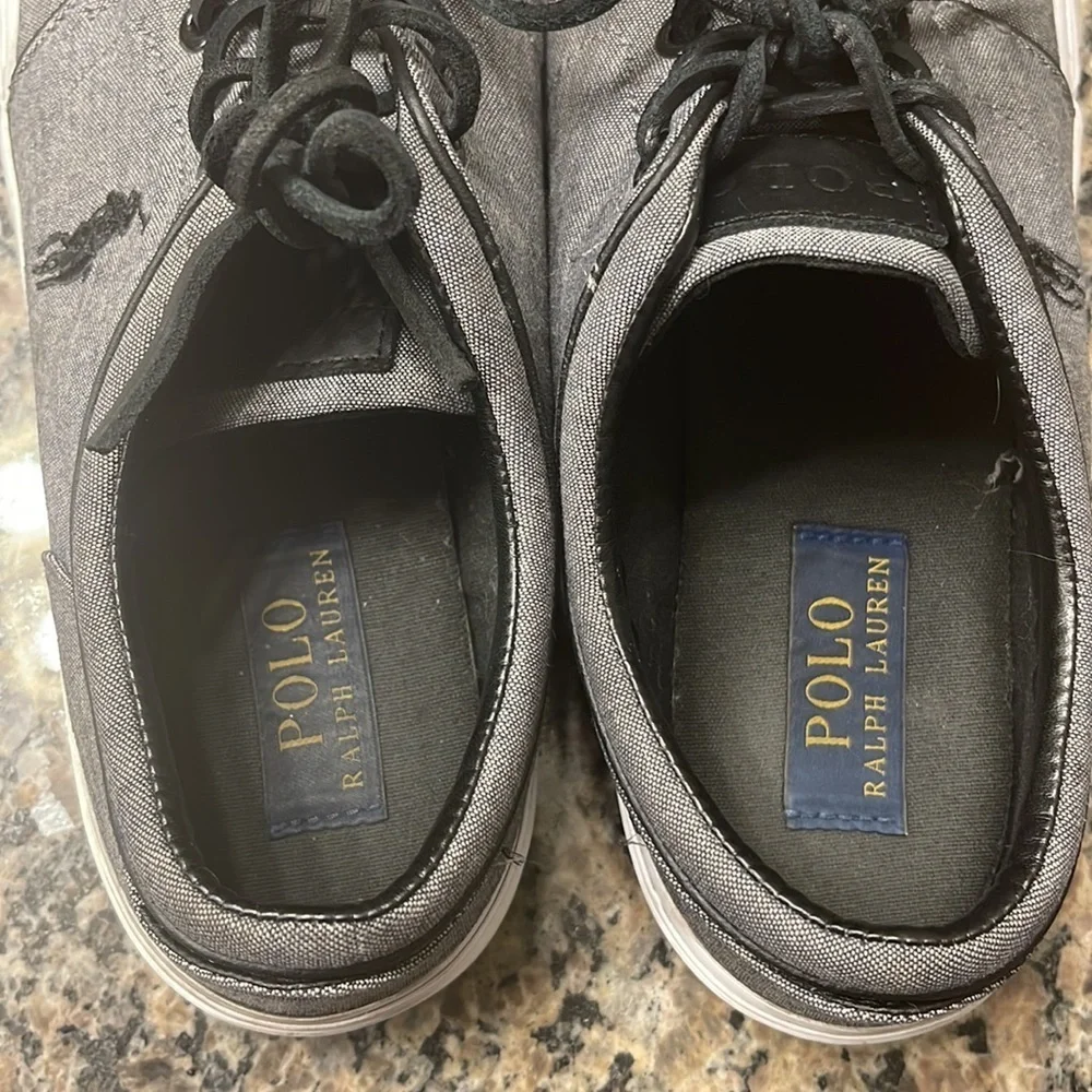 Polo Ralph Lauren Gray Canvas Sneaker Shoes Leather Laces Size 8 GUC #3145
